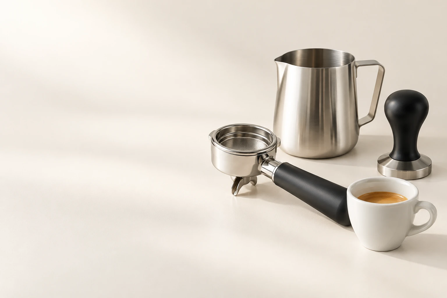 Barista ekipmanlarını temsil eden sade stüdyo görseli